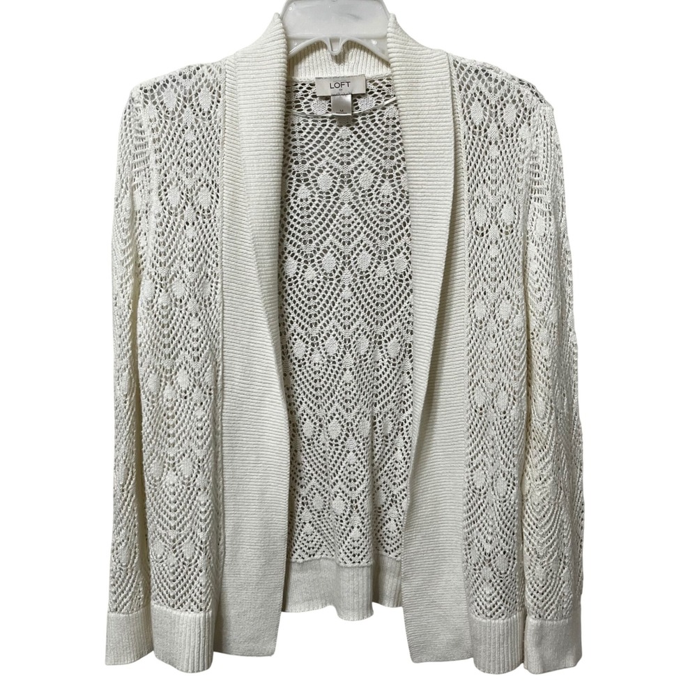 LOFT Ann Taylor Cream White Open‎ Knit Crochet Shawl Collar Cardigan Sweater M